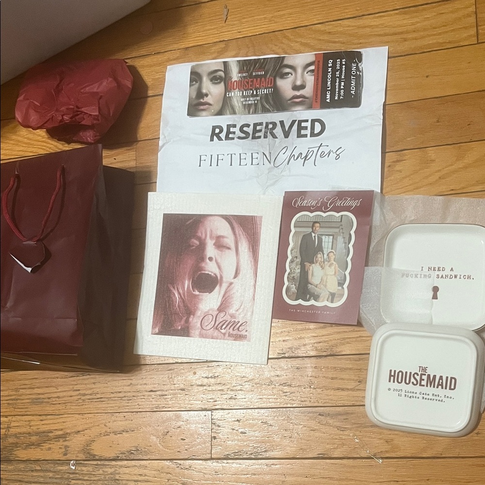 Housemaid BUNDLE 2025 Plate, Card, Cloth mat,Ticket,Reserve Sweeney Amanda movie
